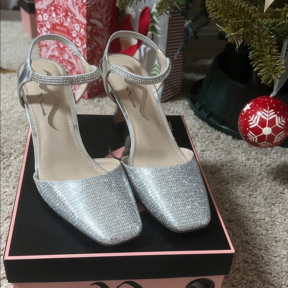 Nina Shimmering Silver Heels with Ankle Strap